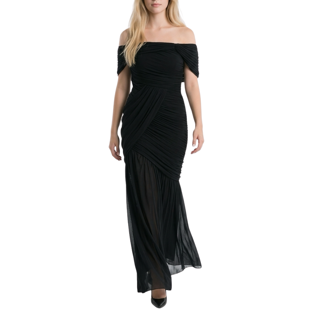 VESTIDO LARGO MESH CORRUGADO CON HOMBROS CAIDOS NEGRO