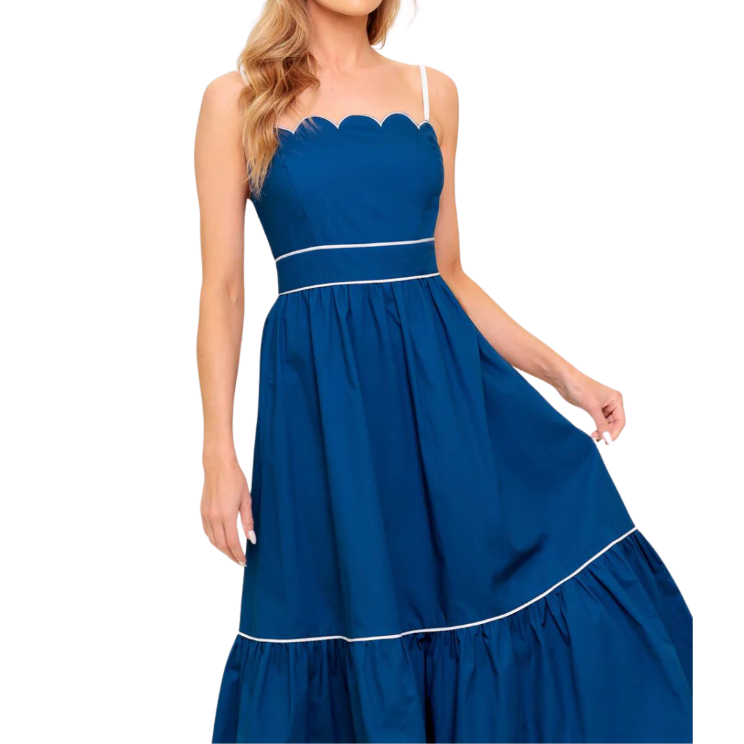 VESTIDO MIDI DE TIRANTES COLOR AZUL CON LÍNEA BLANCA