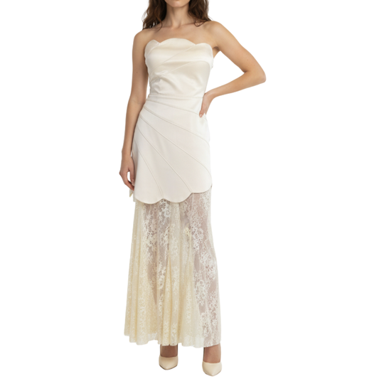 VESTIDO LARGO STRAPPLE SATÍN CON ENCAJE