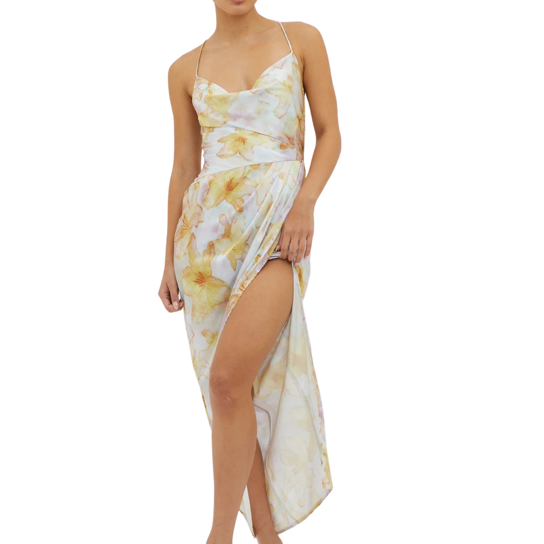 VESTIDO MIDI GRIS FLOREADO