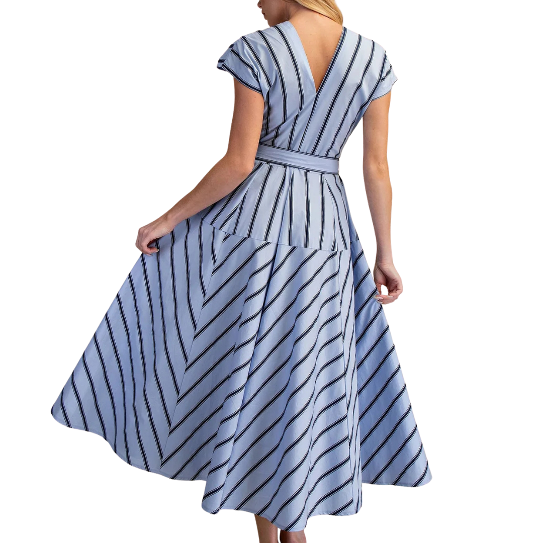 VESTIDO MIDI RAYAS CELESTE CON NEGRO