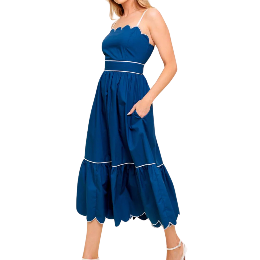 VESTIDO MIDI DE TIRANTES COLOR AZUL CON LÍNEA BLANCA