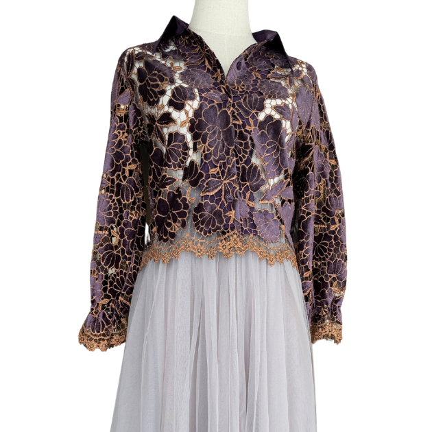 BLUSA MANGA LARGA ENCAJE MORADO CON NARANJA