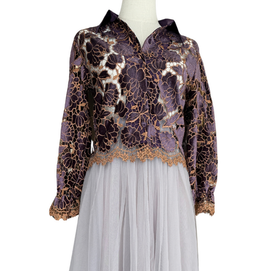 BLUSA MANGA LARGA ENCAJE MORADO CON NARANJA