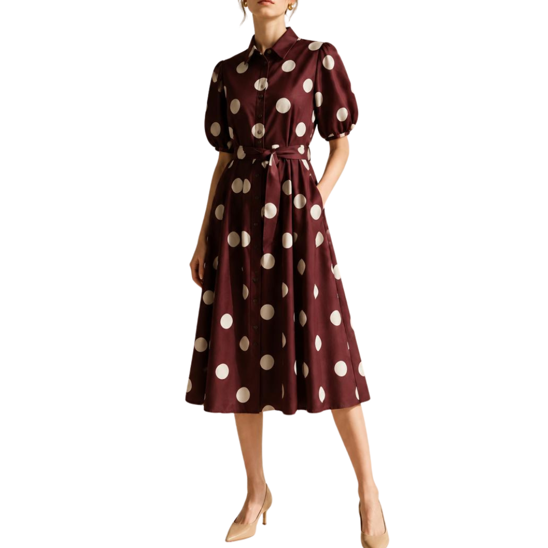 VESTIDO MIDI POLKA DOTS CAFE CON BLANCO