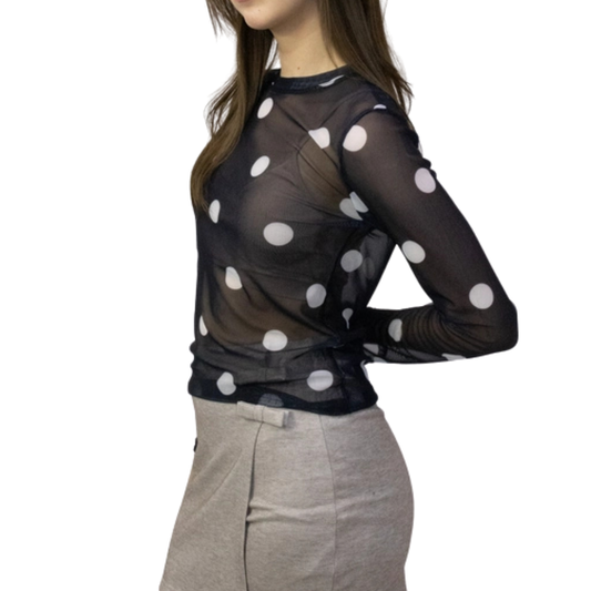 BLUSA MESH NEGRA CON PUNTOS BLANCOS