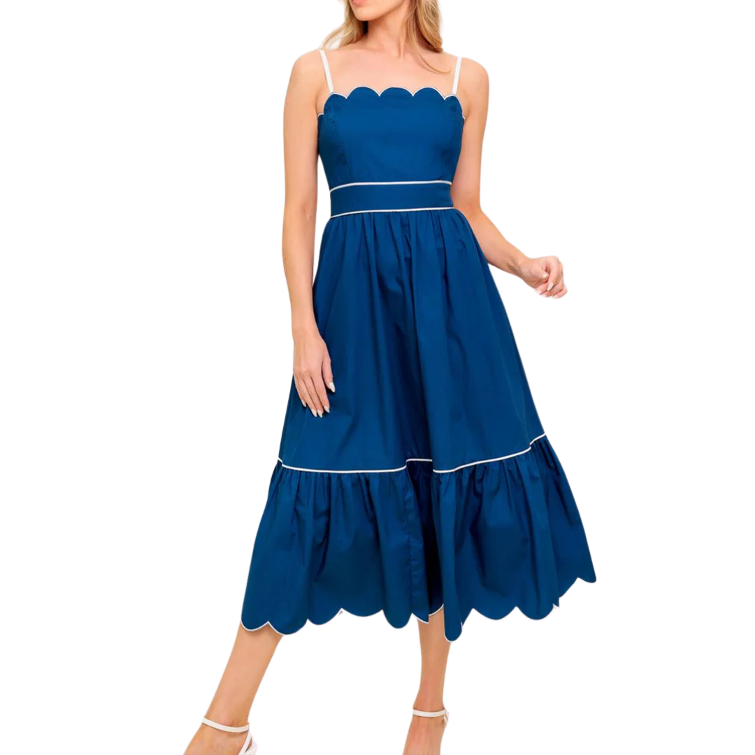 VESTIDO MIDI DE TIRANTES COLOR AZUL CON LÍNEA BLANCA