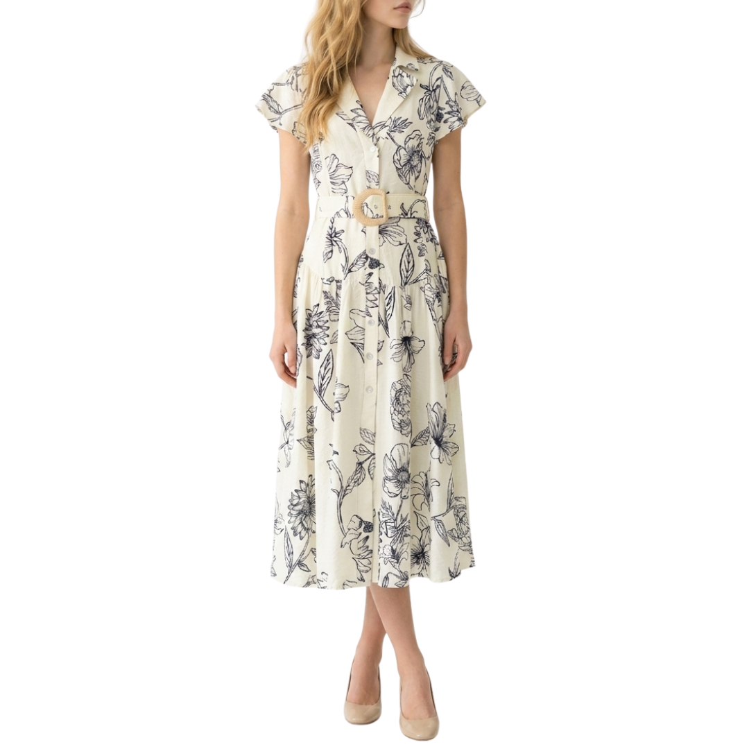 VESTIDO MIDI BEOGE ESTAMPADO FLORES NEGRAS