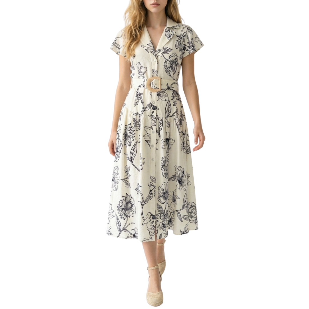 VESTIDO MIDI BEOGE ESTAMPADO FLORES NEGRAS