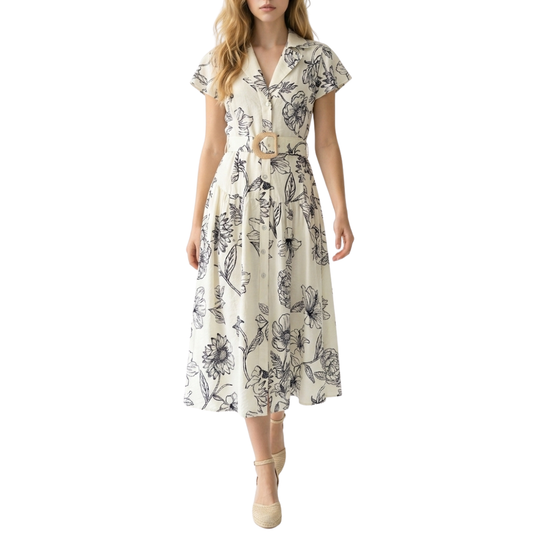 VESTIDO MIDI BEOGE ESTAMPADO FLORES NEGRAS