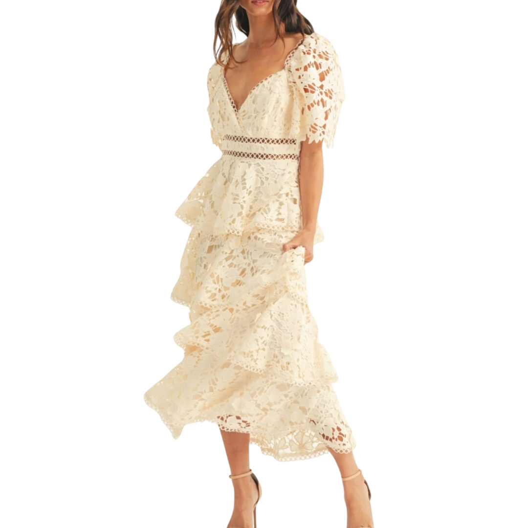 VESTIDO MIDI DE ENCAJE BEIGE