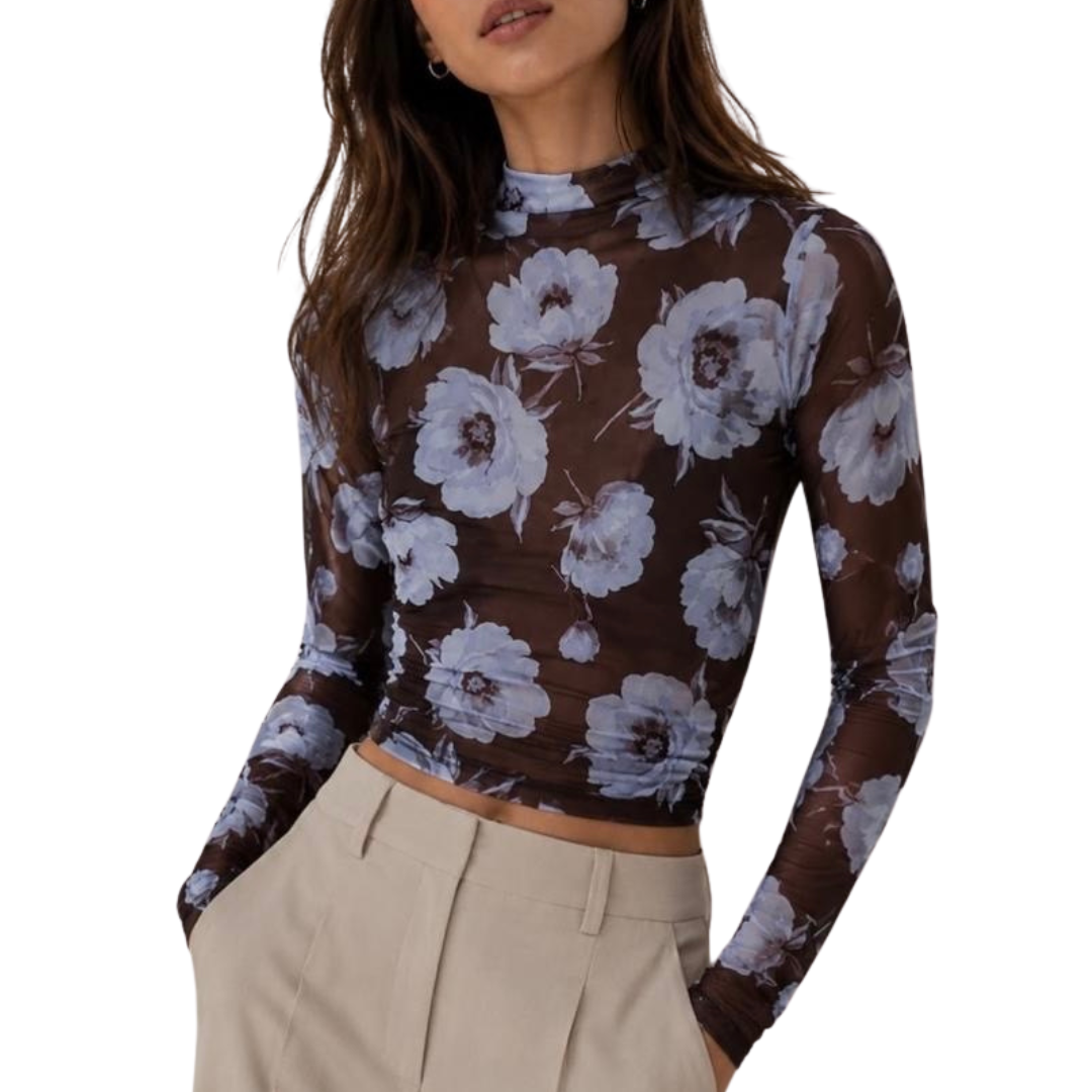 BLUSA MESH ESTAMPADO FLORES CELESTE CON CAFE