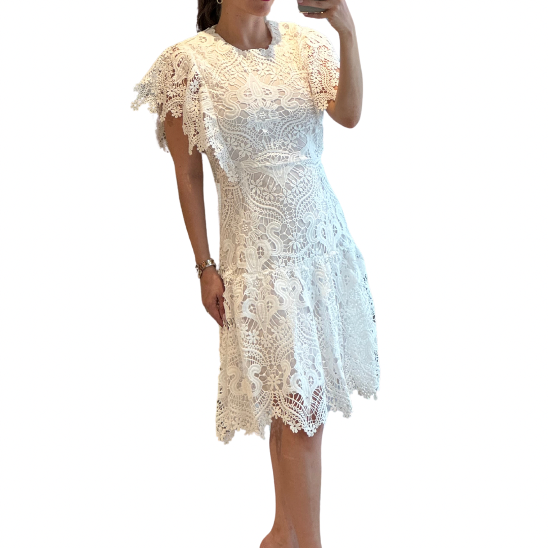 VESTIDO CORTO BLANCO DE ENCAJE CON MANGA CORTA