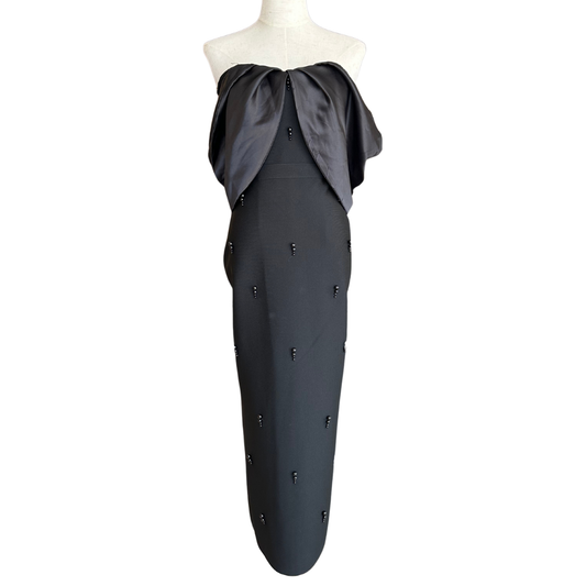 VESTIDO NEGRO MIDI CON APLICACIONES Y MANGA DE MOÑO SATÍN