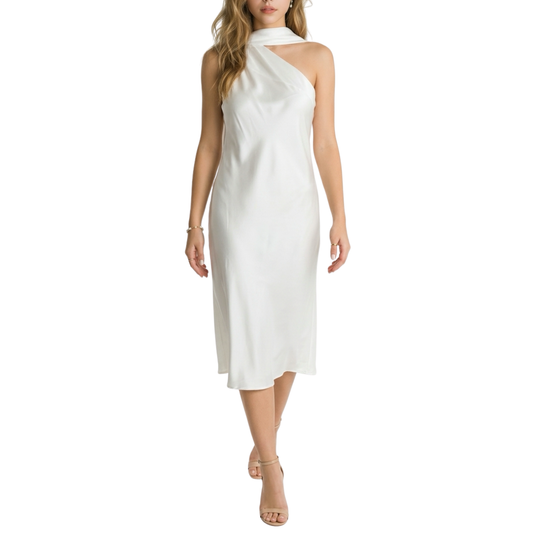 VESTIDO MIDI SATÍN BLANCO CON CORBATÍN