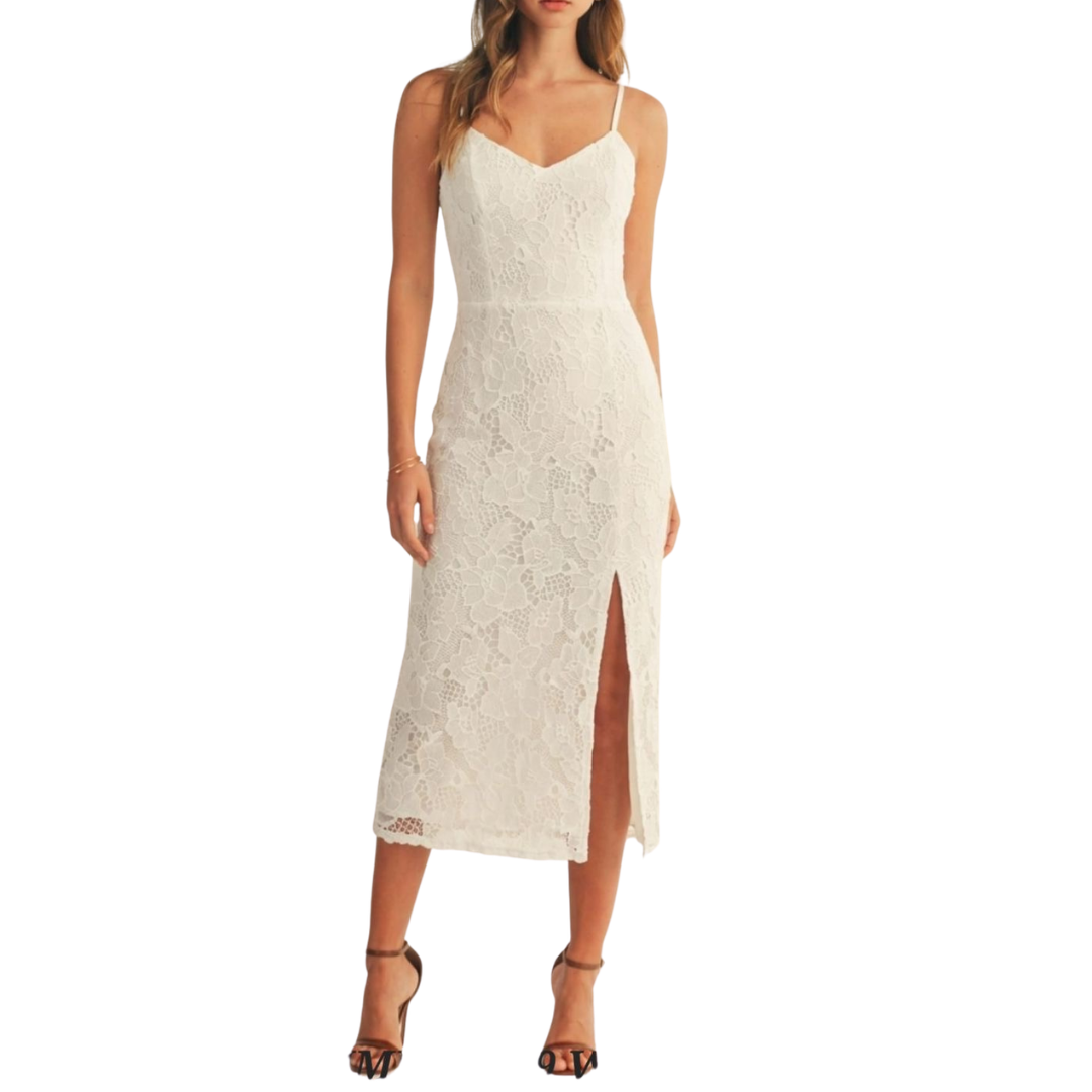 VESTIDO MIDI DE ENCAJE CON TORERITO BLANCO