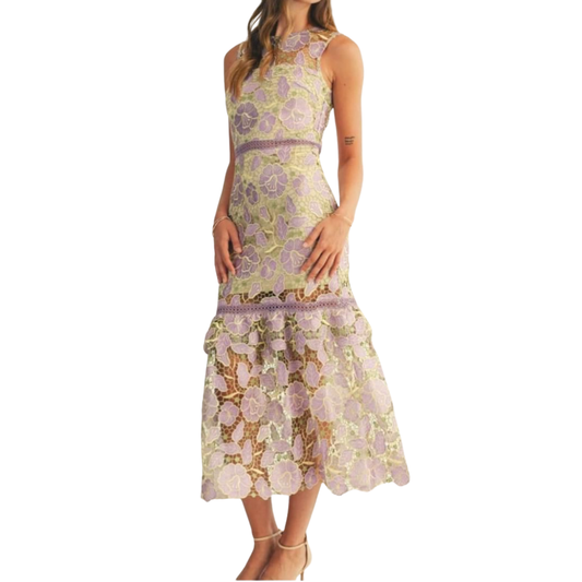 VESTIDO MIDI VERDE CON LILA FLORES