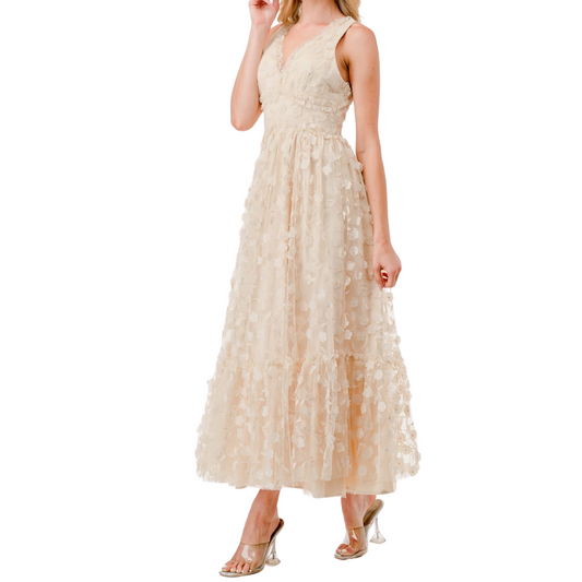 VESTIDO BEIGE MIDI CON FLORES
