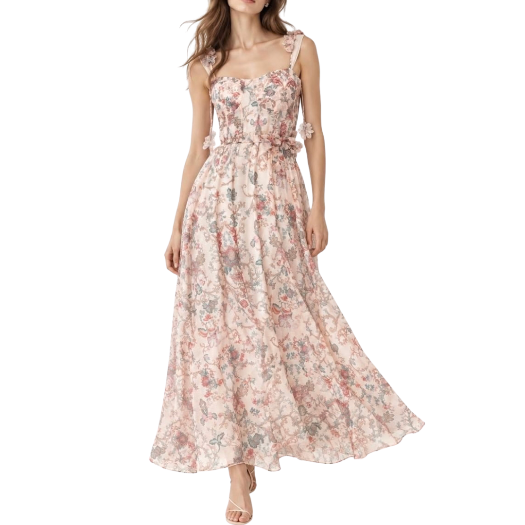 VESTIDO MIDI ESTAMPADO FLORES CAFES