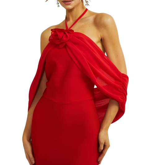 VESTIDO LARGO CON MANGAS CAÍDAS EN HOMBRO ROJO