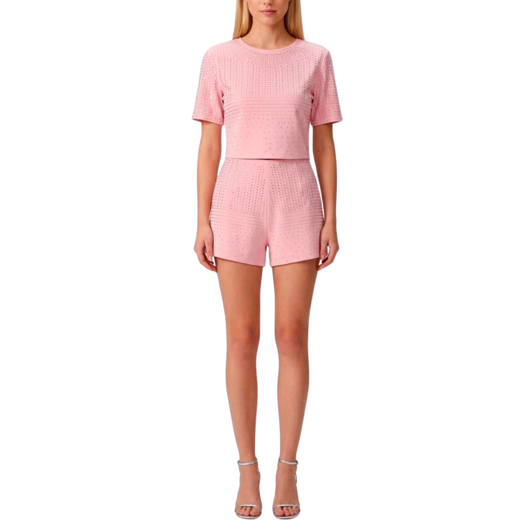SET PLAYERA Y SHORT ROSA CON BRILLOS
