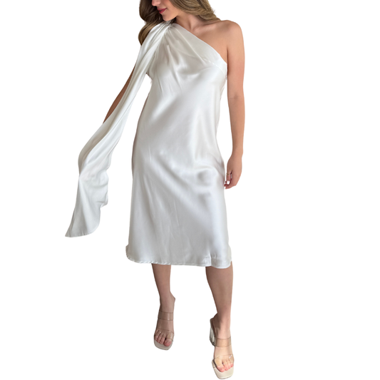 VESTIDO MIDI SATÍN BLANCO CON CORBATÍN