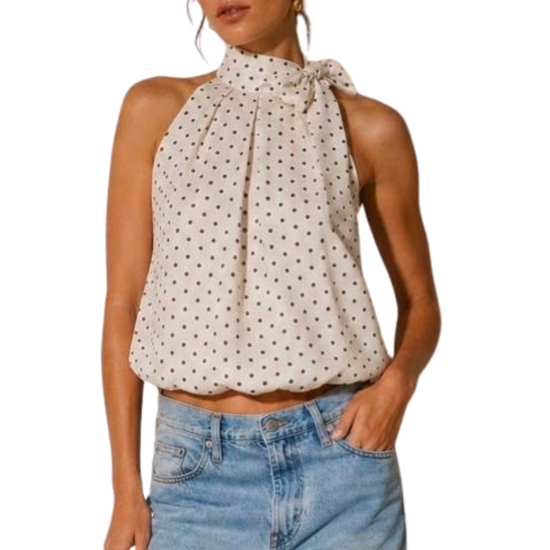 BLUSA HALTER POLKA DOTS CAFÉ CON BEIGE