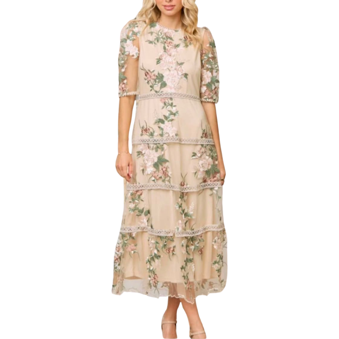 VESTIDO MIDI VEIGE CON FLORES ROSA CON VERDE