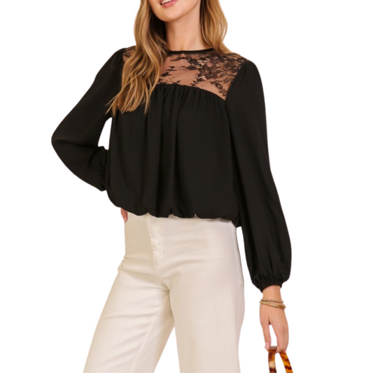 BLUSA MANGA LARGA CON ENCAJE NEGRO