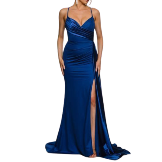VESTIDO LARGO SATÍN CORRUGADO CON COSTADO AZUL