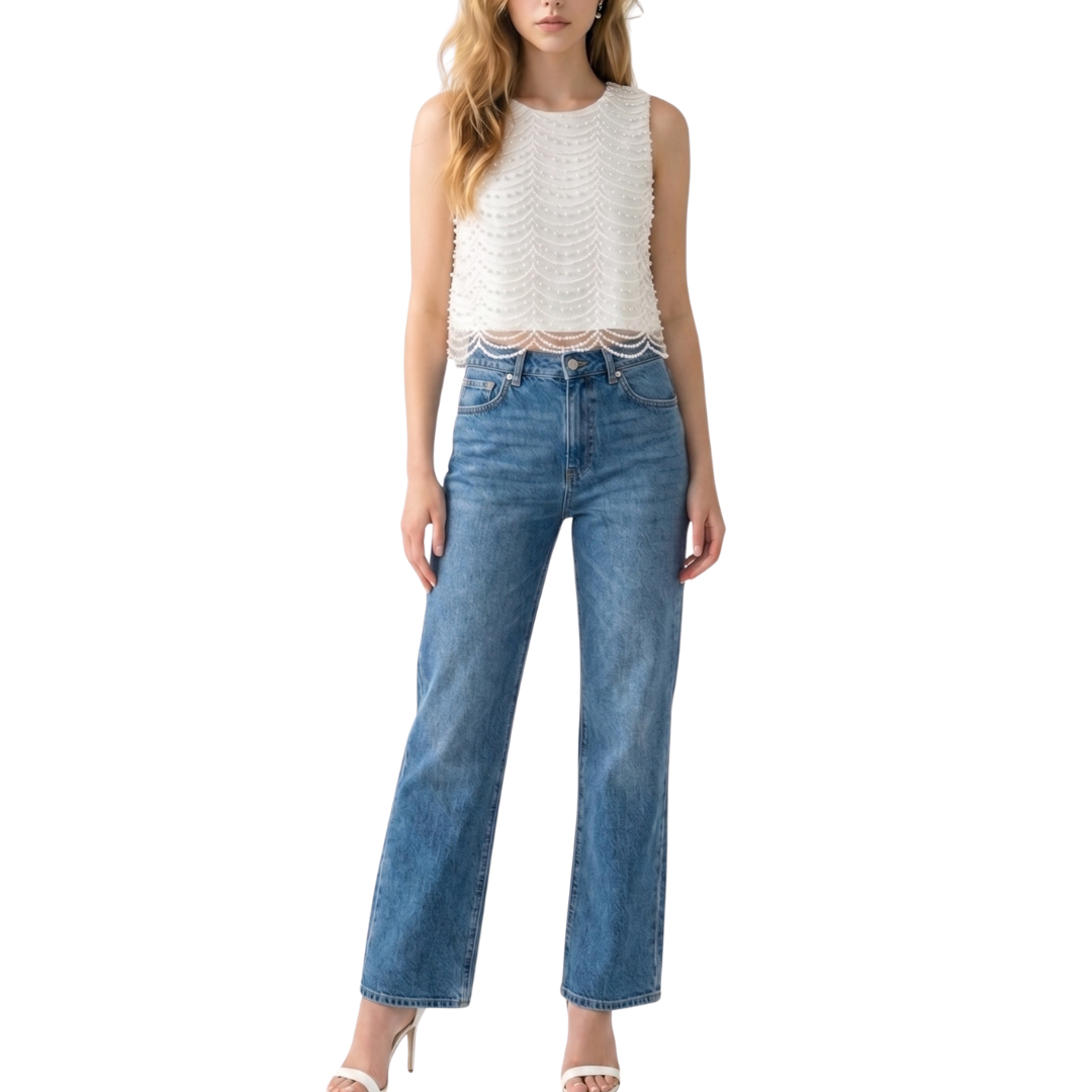 BLUSA BLANCA DE ENCAJE CON PERLAS