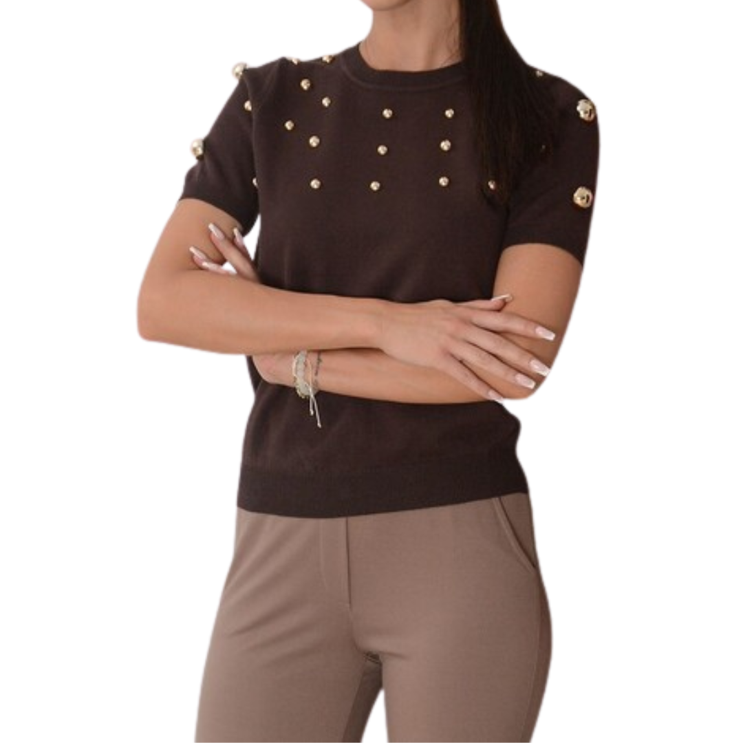 BLUSA CAFÉ CON PERLAS DORADAS