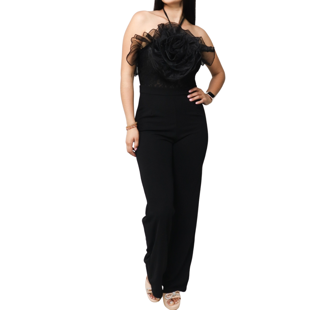 JUMPSUIT NEGRO CON ENCAJE Y FLOR