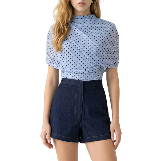 BLUSA POLKA DOTTED DE MESH CELESTE