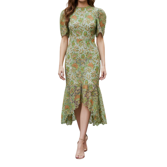 VESTIDO MIDI CON MANGA ENCAJE VERDE Y NARANJA