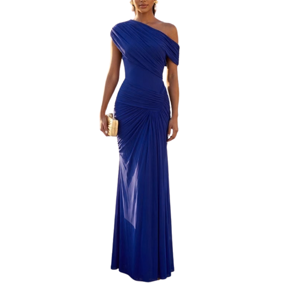 VESTIDO LARGO AZUL UN HOMBRO CAIDO MESH