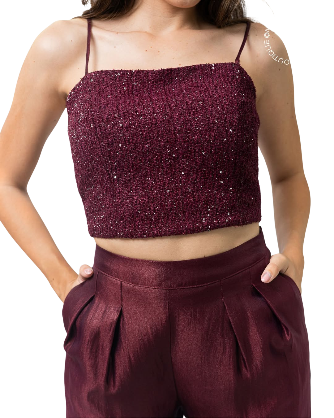 SET PANTALÓN Y TOP TWEED VINO