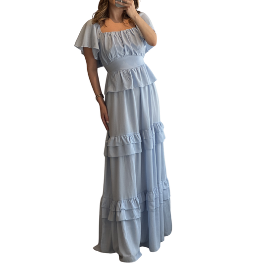 VESTIDO LARGO CON OLANES CELESTE