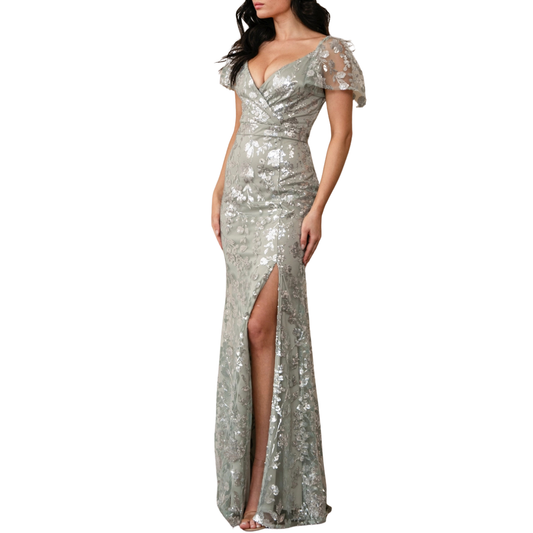 VESTIDO LARGO VERDE MENTA CON LENTEJUELA PLATEADA