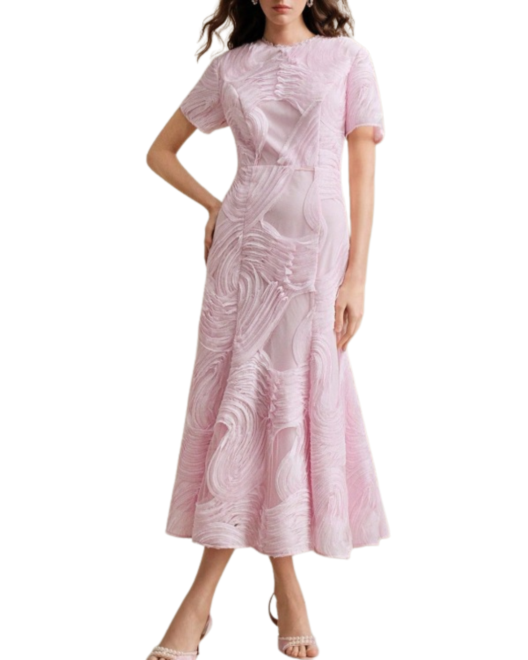 VESTIDO MIDI CON FLORES ROSA PASTEL