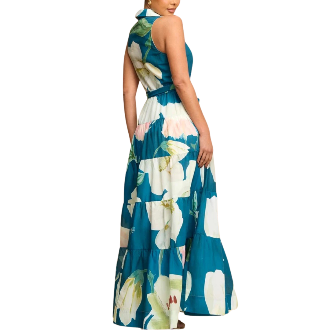 VESTIDO LARGO AZUL FLOREADO