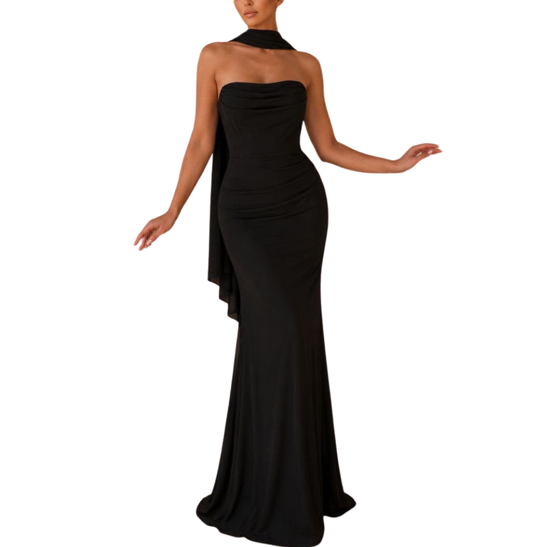 VESTIDO LARGO NEGRO STRAPLESS CORRUGADO CON ESTOLA