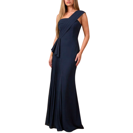VESTIDO LARGO UN HOMBRO CON TABLONES NAVY