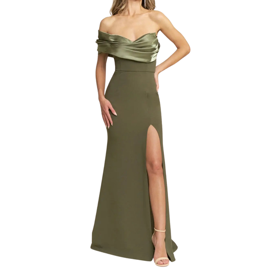 VESTIDO LARGO VERDE STRAPPLES CON MANGA CAIDA