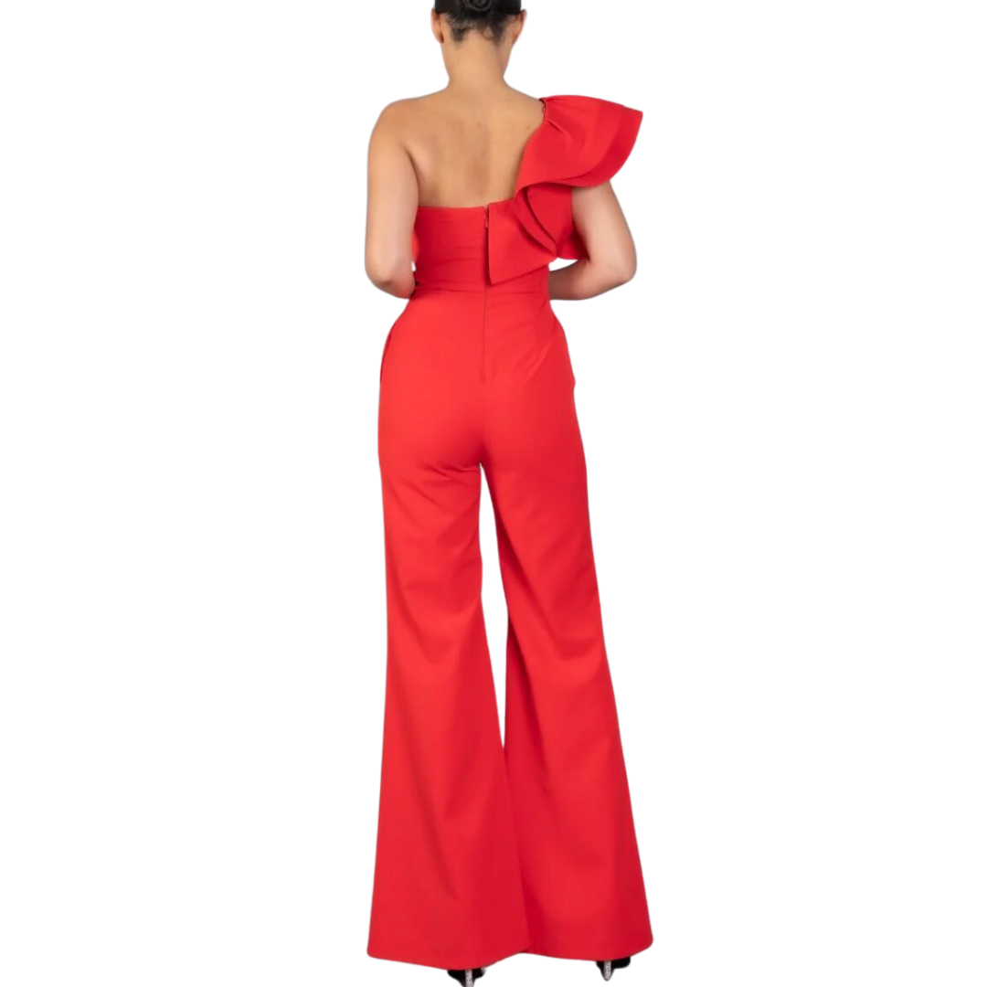 JUMPSUIT DE UN HOMBRO CON OLANES ROJOS