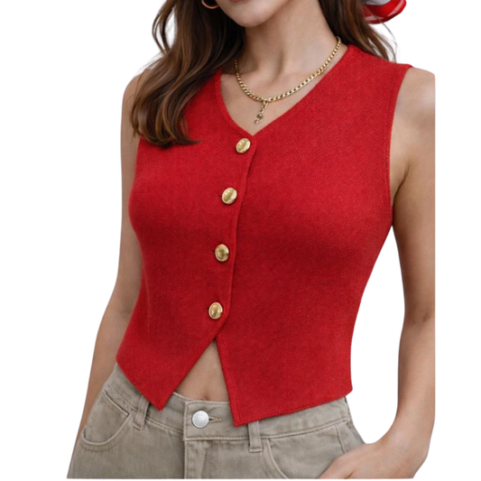 CHALECO ROJO TEJIDO CON BOTONES DORADOS