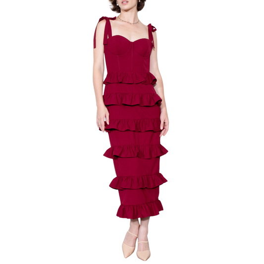VESTIDO MIDI CON OLANES ROJO VINO