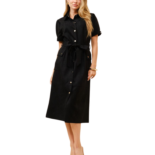 VESTIDO MIDI DE GAMUSA CON BOTONES NEGRO