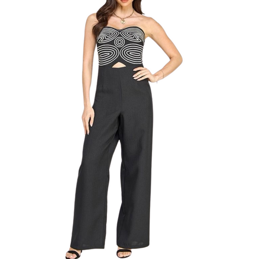 JUMPSUIT STRAPLESS NEGRO CON BORDADO EN FRENTE