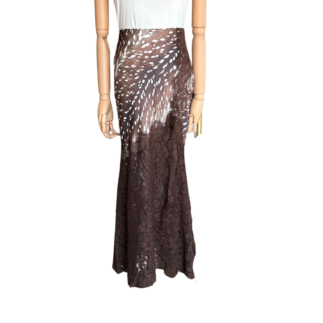 FALDA SATIN ESTAMPADO TONOS CAFES CON ENCAJE